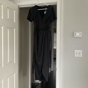 ZESICA Midi Dress Satin V Neck Short Sleeve Ruched Tie Waist Wrap Split skirt